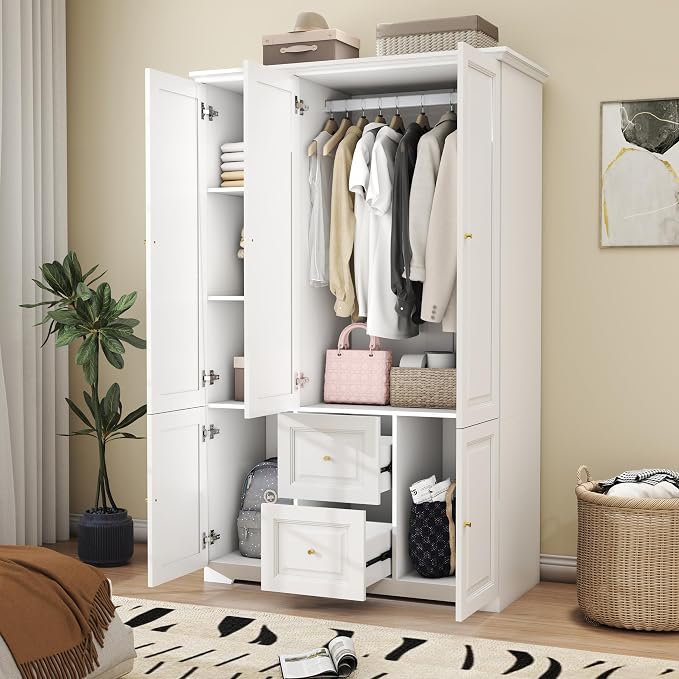 White Wardrobe with 2 Drawers: 74" Large Wardrobe Closet for Hanging Clothes, Tall Armoire Closet with 3 Doors, Bedroom Armoires with Hanging Rod (47")