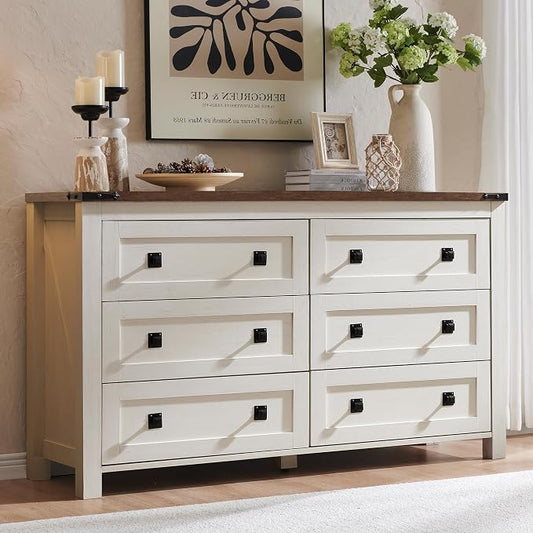 T4TREAM 54" Wide Farmhouse 6-Drawer Dresser for Bedroom, Antique White | Rustic, Wood Storage Cabinet, Metal Handle, Unique Corner Accent, Bedroom, Living Room, Hallway