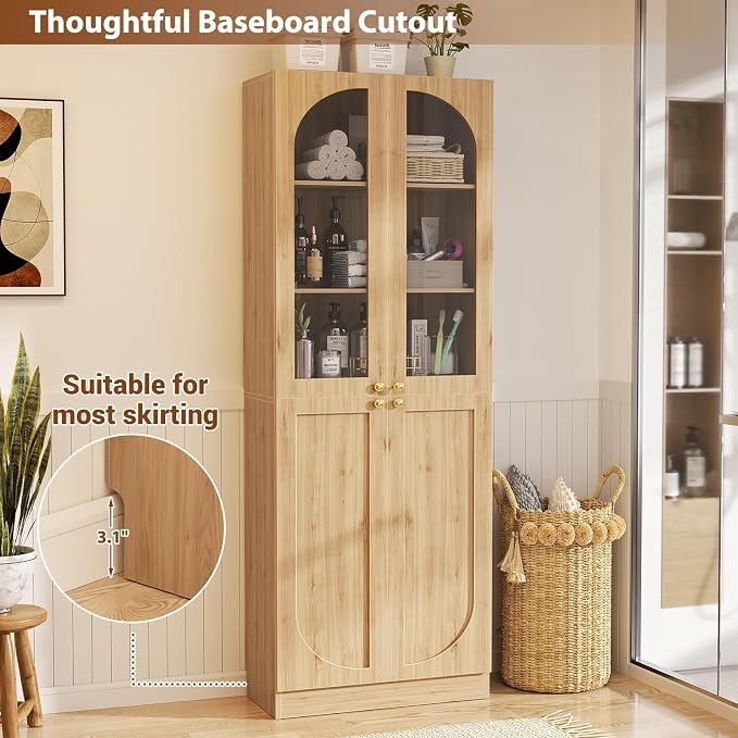 Cyclysio 80" Kitchen Pantry, Tall Arch Storage Cabinet with Tempered Glass & Soft Close Doors, Freestanding Wood Floor Cupboard Bookcase with Seamless Fit Wall for Dining Room, Living Room, Bathroom