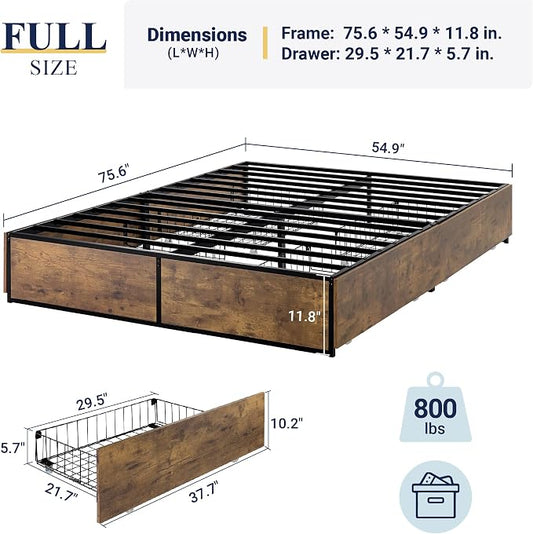 Allewie Full Size Metal Bed Frame with 2 Storage Drawers, Heavy-Duty Steel Frame with MDF Wood Panels, Flexible Drawer Placement, Easy Assembly, Noise-Free Support, Brown
