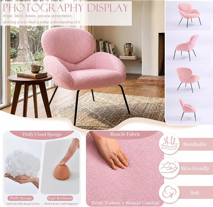 Accent Chair, Cloud Accent Chair for Bedroom, Boucle Fabric (Pink) | Comfy Bedroom Chair with Love Back and Sturdy And Durable Solid-Wood Frame/ Study Room / Bedroom / Living Room /(Cream Style)