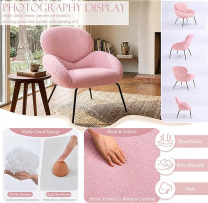 Small Accent Chair Set of 2,Sherpa Chair with Love Back, Boucle Chairs with Metal Legs, Comfy Modern Reading Chairs/Sherpa Accent Chair with Thick High-Elastic Sponge/Cream Style Room (Pink)