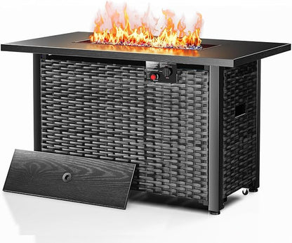 43” Outdoor Propane Fire Pit Table, 50,000 BTU Square Rattan Gas Fire Pit with Lid & Blue Crystal Stones, Steel Tabletop, Adjustable Flame, 4-in-1 FirePit Table for Patio, Backyard, Outdoor Gatherings