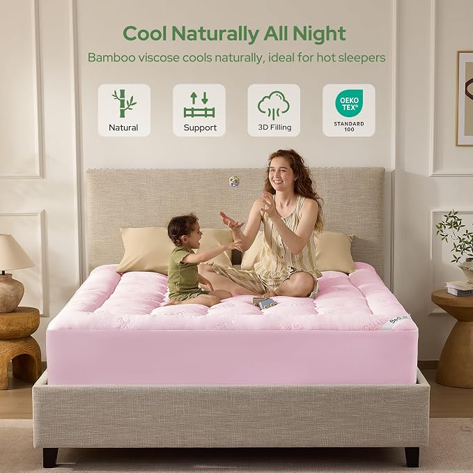BEDLORE Twin XL Mattress Topper Viscose Derived from Bamboo, Thick Pillow Top Mattress Pad with Deep Pockets for 6-15 inches Mattress, Soft Mattress Topper College Dorm Size for Back Pain(Pink)
