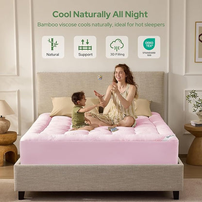 BEDLORE Twin XL Mattress Topper Viscose Derived from Bamboo, Thick Pillow Top Mattress Pad with Deep Pockets for 6-15 inches Mattress, Soft Mattress Topper College Dorm Size for Back Pain(Pink)