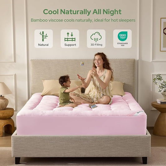 BEDLORE Full Size Mattress Topper Viscose Derived from Bamboo, Thick Pillow Top Mattress Pad with Stretchable Pockets for 6"-15" Mattress, Breathable Mattress Topper for Back Pain Relief(Pink)