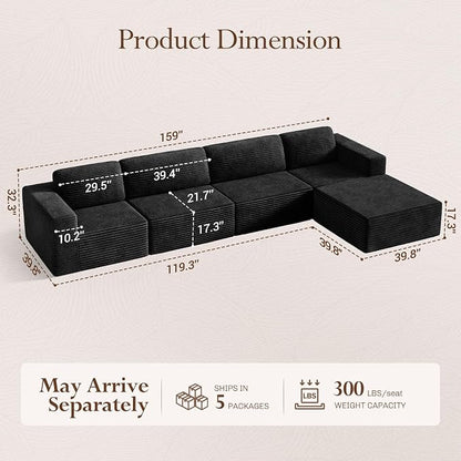 Vesgantti 159" Large Modular Sectional Sofa, L-Shaped Corduroy Cloud Couch with Deep Seats & Spring Support, 4-Seater Boneless Sofa with Movable Ottoman, No Assembly Needed, Black