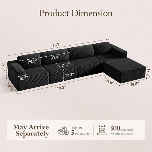 Vesgantti 159" Large Modular Sectional Sofa, L-Shaped Corduroy Cloud Couch with Deep Seats & Spring Support, 4-Seater Boneless Sofa with Movable Ottoman, No Assembly Needed, Black