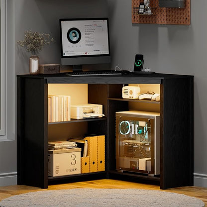 Corner Desk with Charging Station and LED Lights, Black | Triangle gaming computer desk for home office. Features space saving storage shelves, CPU stand, and smart LED light