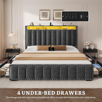 DWVO Queen Size Bed Frame with 4 Storage Drawers and RGB LED Lights, Velvet Upholstered Platform Bed with Charging Station and Bookcase Storage Headboard, No Box Spring Needed, Easy Assembly, Grey