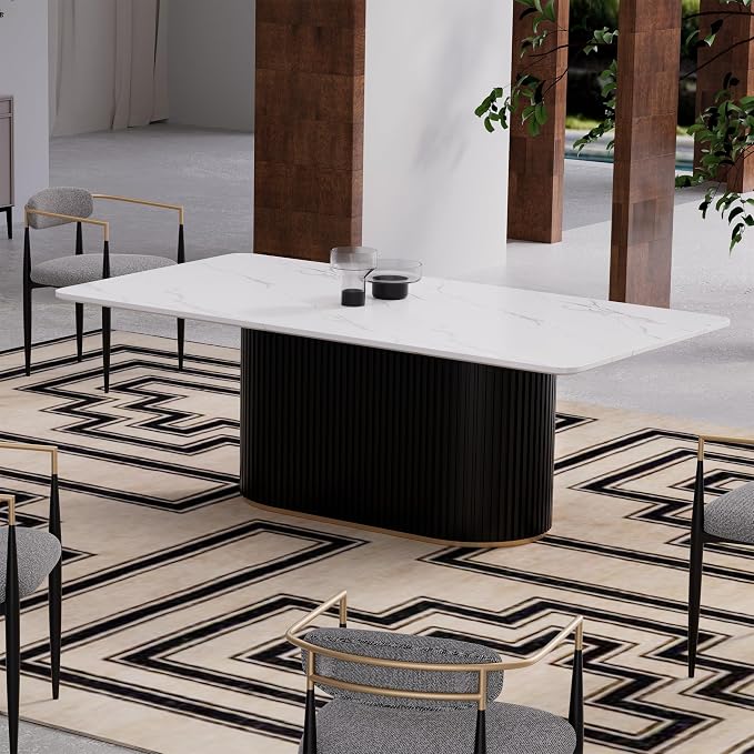 Morden Fort Modern Dining Table and Chairs Set for 4, 70" Black Dining Table with White Faux Marble Top and 4 Upholstered Chairs for Kitchen, Restaurant and Conference