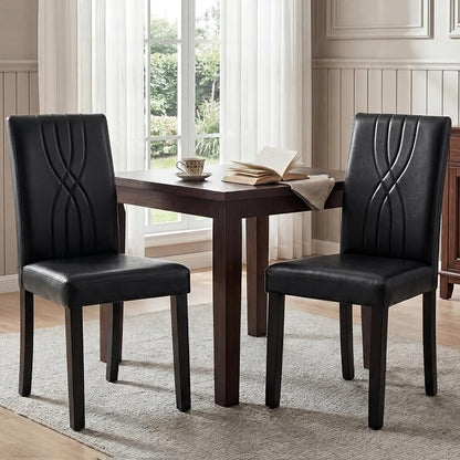 LSSBOUGHT Modern Dining Chair Set of 4,Urban Style Leather Kicthen Chairs with Solid Wood Legs for Dining Room and Restaurant (Black-Quilted backrest)