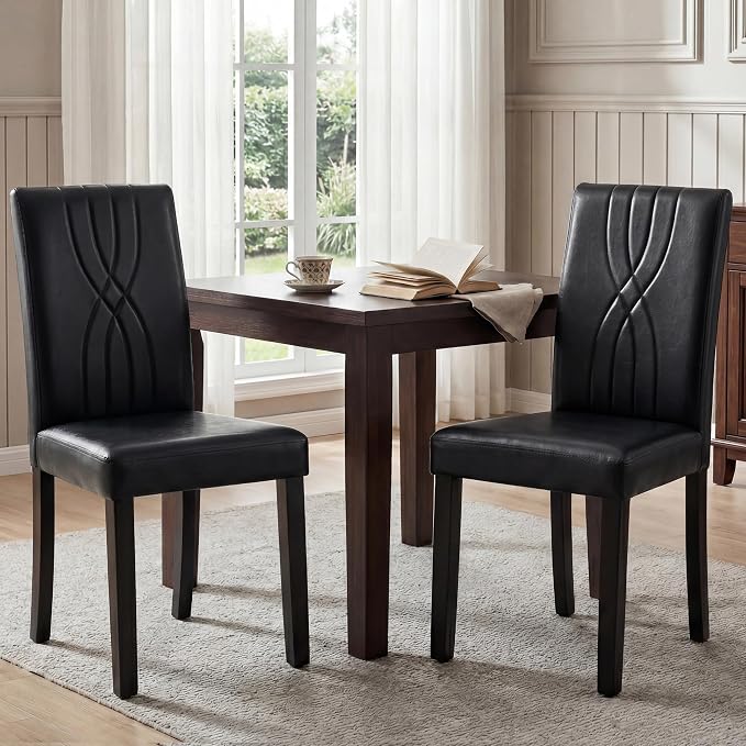 LSSBOUGHT Modern Dining Chair Set of 2,Urban Style Leather Kicthen Chairs with Solid Wood Legs for Dining Room and Restaurant (Black-Quilted backrest)