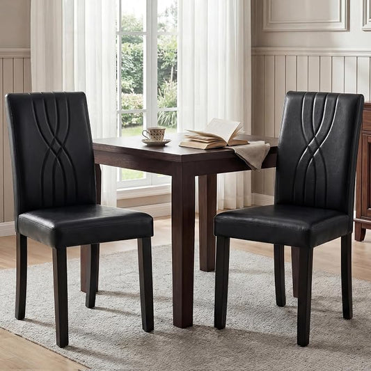 LSSBOUGHT Modern Dining Chair Set of 2,Urban Style Leather Kicthen Chairs with Solid Wood Legs for Dining Room and Restaurant (Black-Quilted backrest)