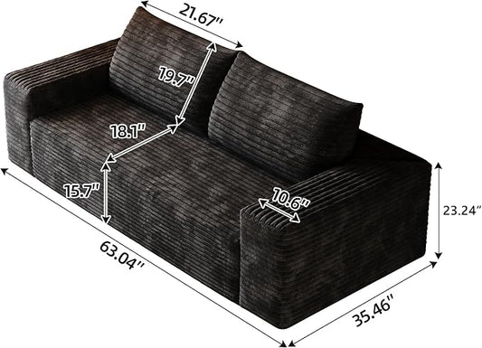 JINGLING 63" Small Couches for Small Spaces | Boneless Couch in a Box: Compressed Sofa | Apartment Furniture Love Seat for Living Room & Bedroom | No Assembly | Corduroy | Black