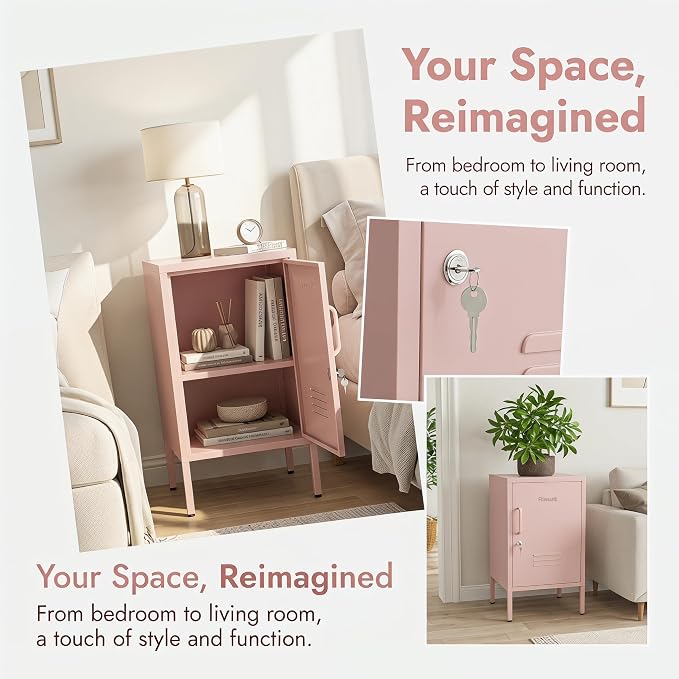 Single Door Lockable Metal End Table & Children's Bedside Table, 2-Tier Storage Cabinet with Adjustable Shelf, Easy Assembly Side Table for Living Room Bedroom Home Office Pink