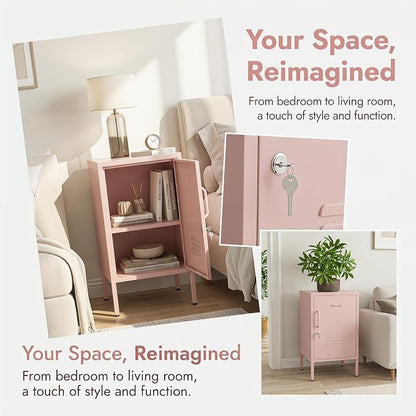 Single Door Lockable Metal End Table & Children's Bedside Table, 2-Tier Storage Cabinet with Adjustable Shelf, Easy Assembly Side Table for Living Room Bedroom Home Office Pink