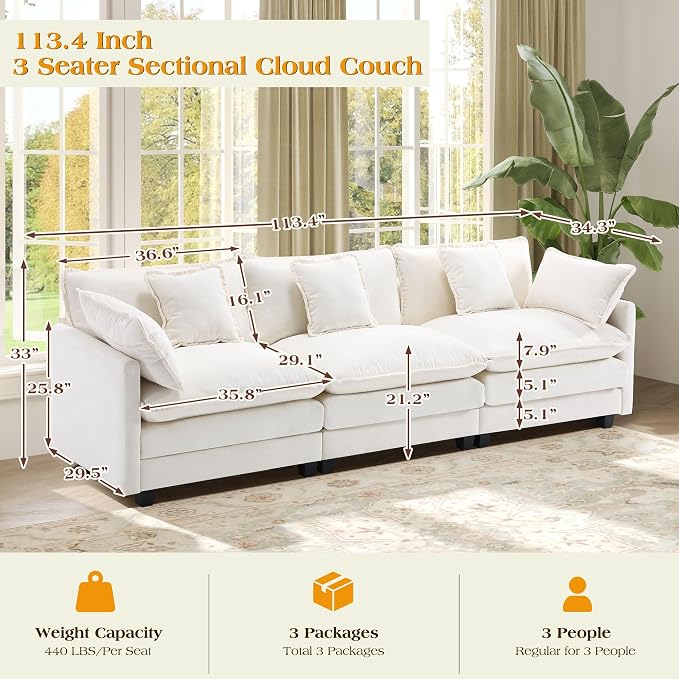 113.4" Modular Sectional Sofa,Cloud Couch for Living Room, Modern Deep Seat Sofa 3 Seater Chenille Fabric Comfy Couches with Throw Pillows for Apartment