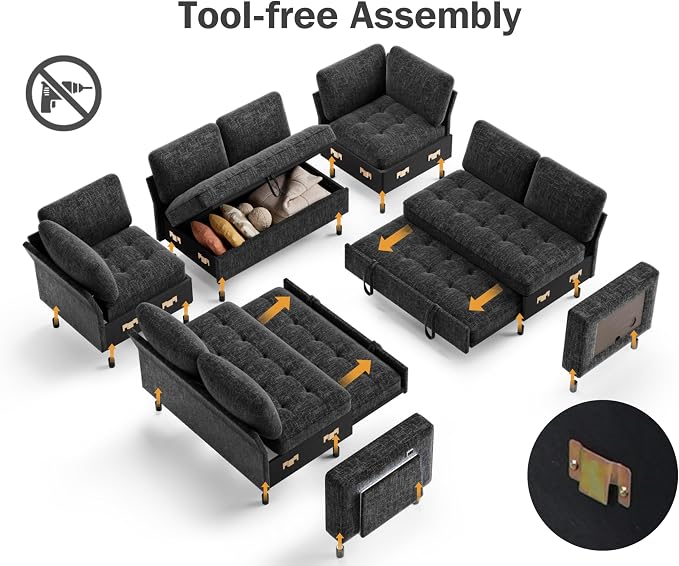 Vipbear 8 Seat U Shaped Modular Sectional Sleeper Sofa with Pull Out Bed/Reclining Backrest/USB Ports/Table/LED Light/Storage Seat, Sectional Sleeper Couch, Tool-Free Assembly, Chenille Black