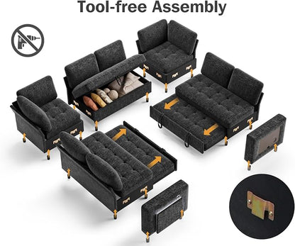Vipbear 8 Seat U Shaped Modular Sectional Sleeper Sofa with Pull Out Bed/Reclining Backrest/USB Ports/Table/LED Light/Storage Seat, Sectional Sleeper Couch, Tool-Free Assembly, Chenille Black
