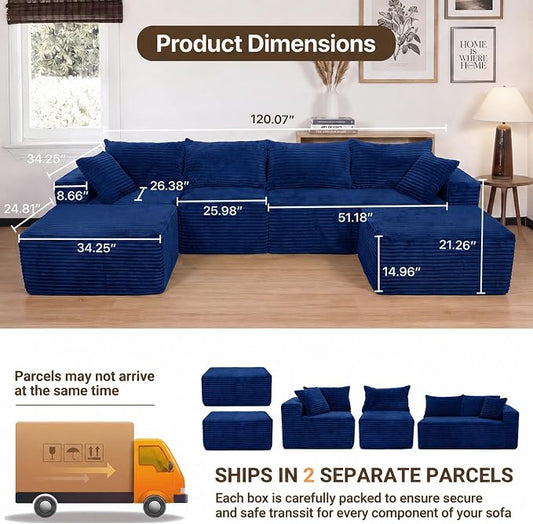 Claiks 120" Boneless Couch, Cloud Couch Sectional, U-Shape Corduroy Modular Sectional Sofa Deep Seat, Upholstered Couches for Living Room, No Assembly Required, Blue