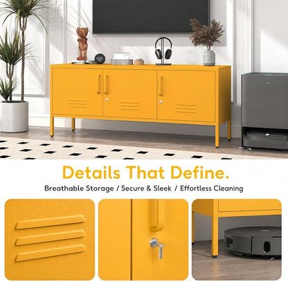 Metal Storage Cabinet with Adjustable Shelves Lockable TV Stand Home Tool Metal Cabinet Easy Assembly Yellow 22" H X 47.3" W X 13.8" D