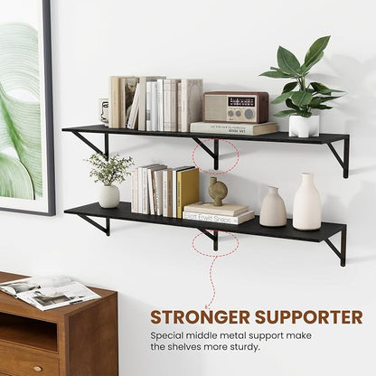 Heimlove Black Deep Floating Shelves for Wall, 44W x 12D Wood Wall Shelves Set of 2, Wide Floating Bookshelf for Living Room, Kitchen, Office, Bedroom and Decor Storage, with Metal Bracket - Black