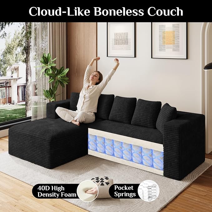 Oversized L Shaped Boneless Sectional Couches for Living Room, 107" Comfy Fluffy Cloud Modular Sectional Sofa, Plush Corduroy Memory Foam Floor Sofa with Left Facing Chaise Couch