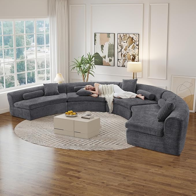 AVZEAR Curved Modular Sectional Sofa, Chenille Upholstered Cloud 4 Seater Couch for Living Room, No Assembly Modern Love Seat Sofa with 4 Bolster Pillows & 4 Square Pillows, High-Density Foam, Gray