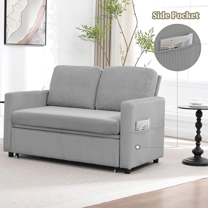 3 in 1 Folding Convertible Sleeper Sofa Bed, Pull Out Couch with Side Pockets USB Port Side Table Loveseat Sofa Bed with Adjustable Backrest for Living Room Bedroom 66" LIGHTGREY 2 SEAT