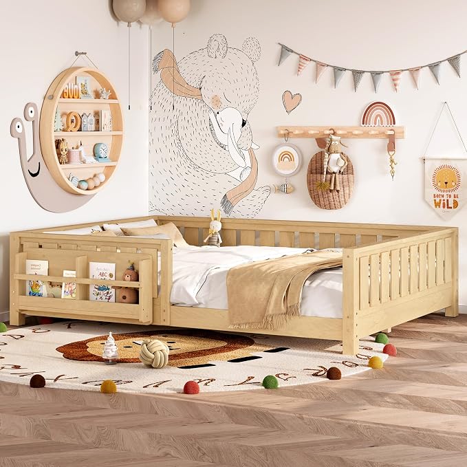 Bellemave Queen Size Montessori Floor Bed with Slats and Fence, Queen Size Montessori Bed with Rails and Bookcase, Easy Assemble Floor Beds Frame,Light Natural