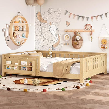 Bellemave Queen Size Montessori Floor Bed with Slats and Fence, Queen Size Montessori Bed with Rails and Bookcase, Easy Assemble Floor Beds Frame,Light Natural