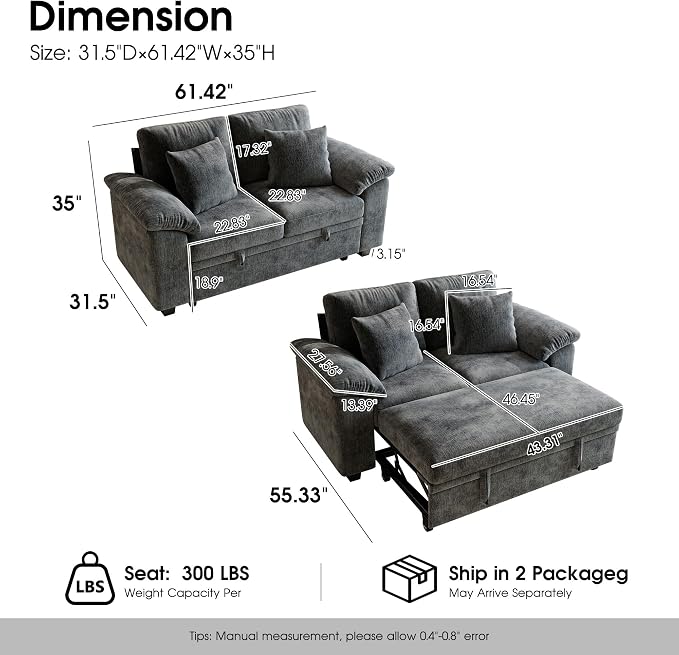 WorthFurni 61” Pull Out Couch, 2 in 1 Sleeper Sofa Bed with Throw Pillow, Convertible Small Loveseat Sleeper Couch for Living Room, Bedroom, Apartment (Gray)