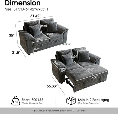 WorthFurni 61” Pull Out Couch, 2 in 1 Sleeper Sofa Bed with Throw Pillow, Convertible Small Loveseat Sleeper Couch for Living Room, Bedroom, Apartment (Gray)