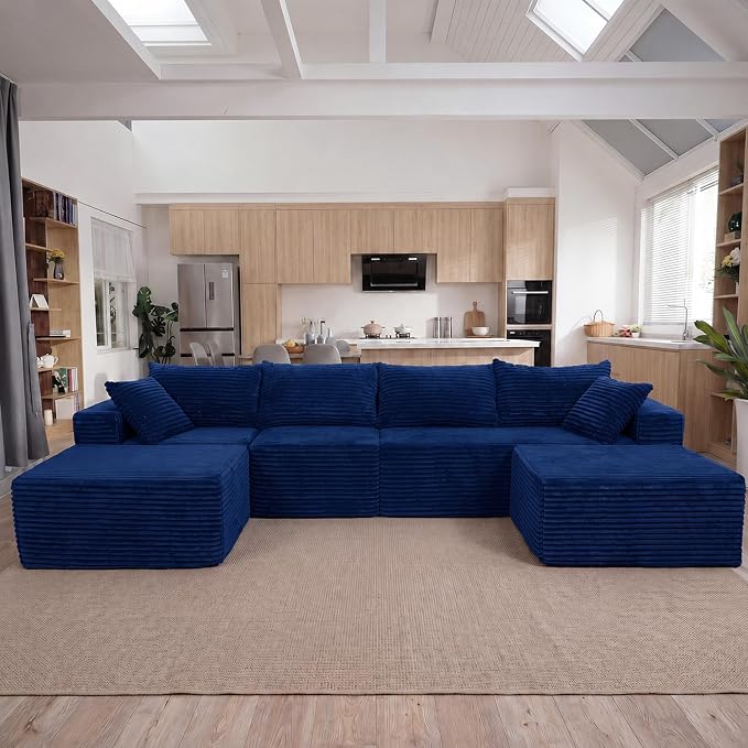 Claiks 132" Boneless Couch, Cloud Couch Sectional, U-Shape Corduroy Modular Sectional Sofa Deep Seat, Upholstered Couches for Living Room, No Assembly Required, Blue
