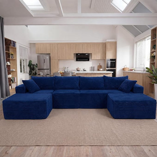 Claiks 132" Boneless Couch, Cloud Couch Sectional, U-Shape Corduroy Modular Sectional Sofa Deep Seat, Upholstered Couches for Living Room, No Assembly Required, Blue