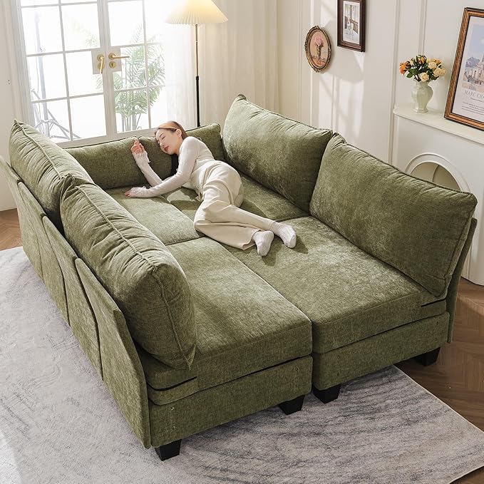 176'' Modular Sectional Sofa with All Seats Storage,Sleeper Sofa Bed with Throw Pillow,Loveseat Couches for Living Room,Bedroom,Removable Cover,Chenille,Green