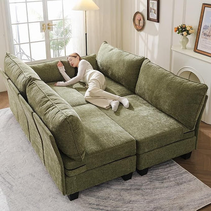 176'' Modular Sectional Sofa with All Seats Storage,Sleeper Sofa Bed with Throw Pillow,Loveseat Couches for Living Room,Bedroom,Removable Cover,Chenille,Green