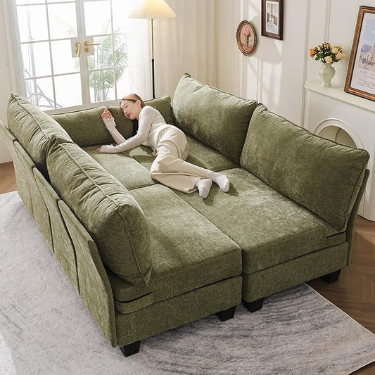 176'' Modular Sectional Sofa with All Seats Storage,Sleeper Sofa Bed with Throw Pillow,Loveseat Couches for Living Room,Bedroom,Removable Cover,Chenille,Green