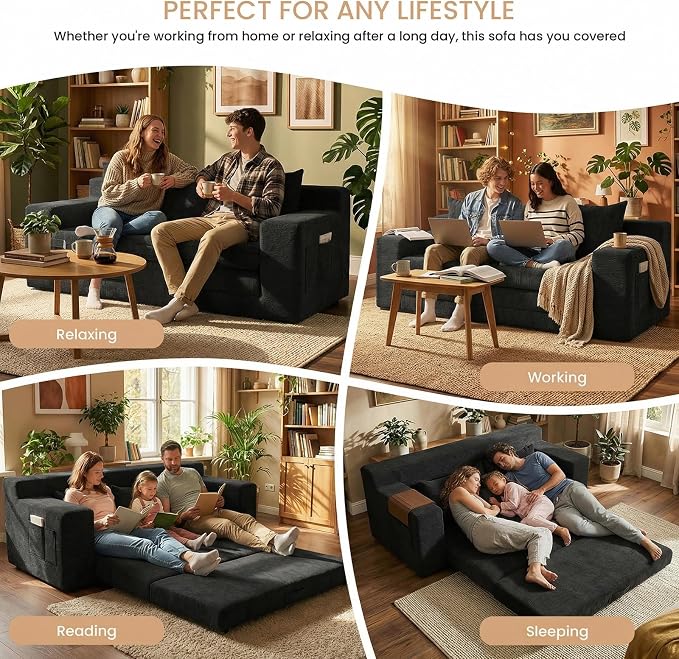 Boneless Couch Sofa Bed, 70'' Convertible Tri-Folding Futon Sleeper with Handle & Side Pockets, Pull Out Couch Bed with Hook and Loop No Assembly for Small Space,Living Room & Bedroom