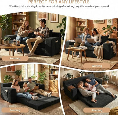 Boneless Couch Sofa Bed, 70'' Convertible Tri-Folding Futon Sleeper with Handle & Side Pockets, Pull Out Couch Bed with Hook and Loop No Assembly for Small Space,Living Room & Bedroom