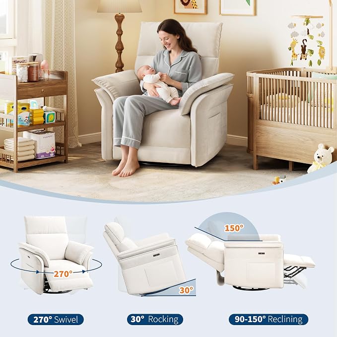 IDEALHOUSE Power Recliner Chair with Side Pockets, 270° Swivel & Glider, USB Charging Port, PU Leather, Thickened Dual-Layer Armrests, Modern Recliner for Living Room, Bedroom (White)