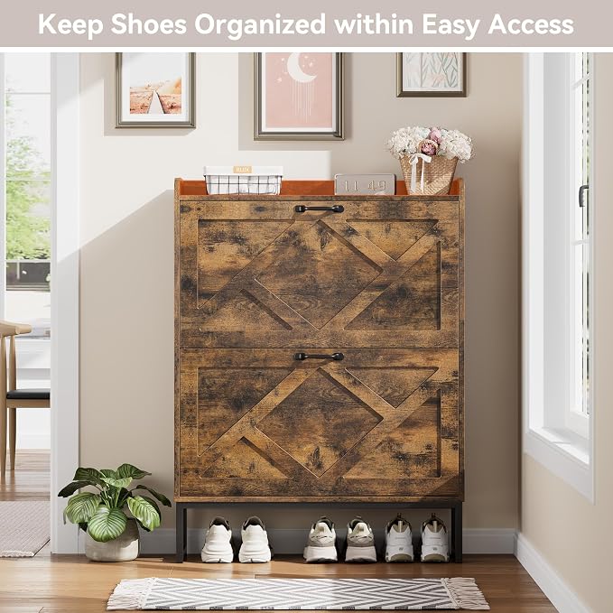 Nicetree Shoe Cabinet Organizer with 2 Flip Drawers, Freestanding Narrow Rack with Metal Legs, Farmhouse Slim Shoe Storage for Entryway, Foyer, Hallway, Rustic Brown