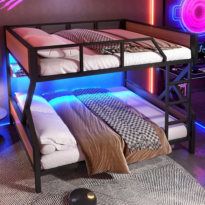 KEIKI Full Over Full Bunk Bed, Heavy Duty Metal Bunkbed with Storage Shelves, Lights, Bottom Space & Guardrail for Aldults Dorm Bedroom Guest Room, No Box Spring Needed, Noise-Free Design