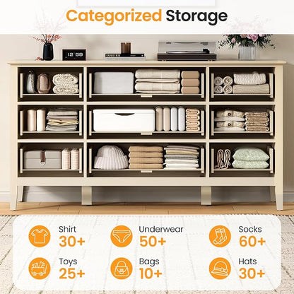 RoyalCraft Fluted Dresser for Bedroom with 9 Drawers, 59" Wide Painted Wooden Chest of Drawers, Modern TV Stand Storage Cabinet for Living Room, Hallway, Beige
