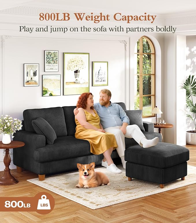 87" L shape Corduroy Couch, Sofa No Tool Assembly, Comfy Couches for Living Room 21in Deeper Seats, Corduroy Sofas for Living Room with 2 Pillows, Oversized Loveseat Sofa, Boho Love Seat, Black