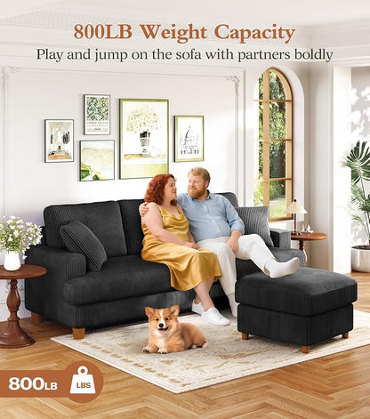 87" L shape Corduroy Couch, Sofa No Tool Assembly, Comfy Couches for Living Room 21in Deeper Seats, Corduroy Sofas for Living Room with 2 Pillows, Oversized Loveseat Sofa, Boho Love Seat, Black