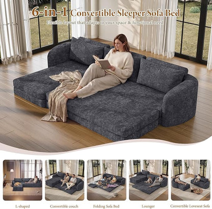 Vesgantti 110.2" Modular Sectional Sofa with Curved Armrest, 6 in 1 Convertible Folding Sleeper Sofa Bed, Chenille Boneless Couch for Living Room, No Assembly Required, Blue, Left Facing Chaise