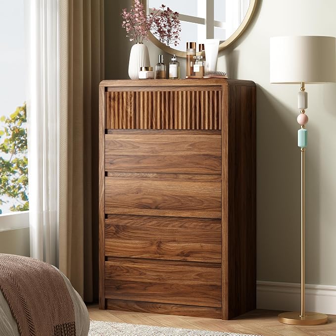 LYNSOM 5 Drawer Dresser for Bedroom, 48" Tall Fluted Dresser with Curved Corners, Wood Dressers & Chests of Drawers with Dual-Panel Design for Bedroom, Entryway, Walnut
