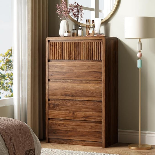 LYNSOM 5 Drawer Dresser for Bedroom, 48" Tall Fluted Dresser with Curved Corners, Wood Dressers & Chests of Drawers with Dual-Panel Design for Bedroom, Entryway, Walnut